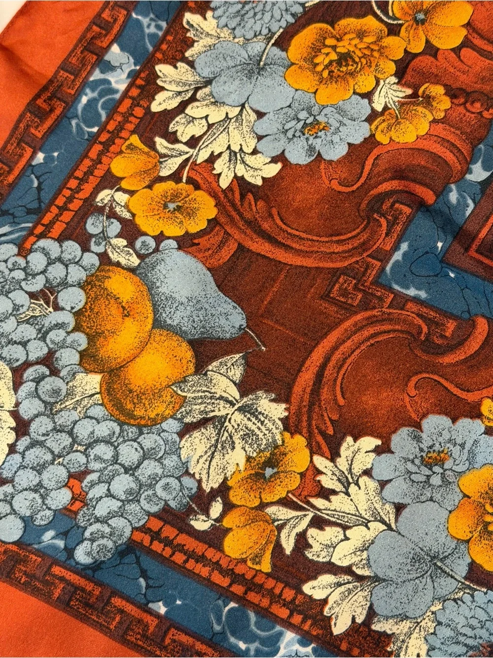 MADE IN ITALY Floral Border Silk Square Scarf in Rust & Slate Blue 30x30